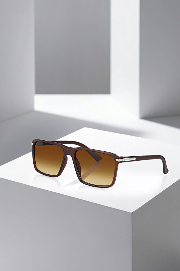 Uv400 Protection Men's Sunglasses Matte Brown Color with Silver Stripes Plg-2136C2