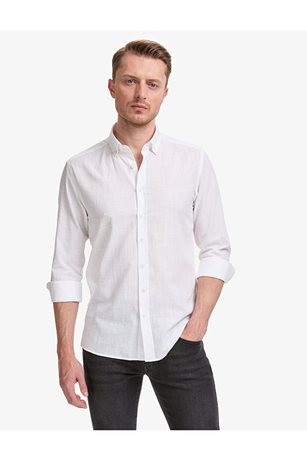 White 100% Cotton Linen Look Slim Fit Long Sleeve Shirt 50325355-Vr013