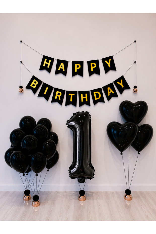 Happy Birthday Black Gold Balloon Set -1-