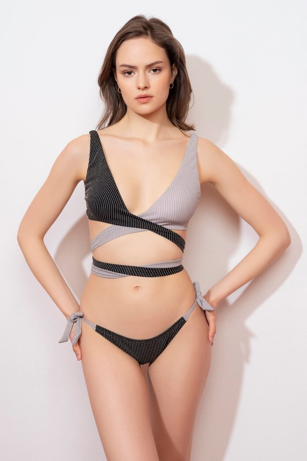 Lia Black Grey Bikini with Silver Stripes Details
