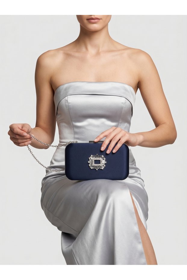 Navy Blue Color Z.A.R.A. Satin Crystal Stone Embroidered Chain Women's Evening Dress Bag Wedding Engagement Graduation