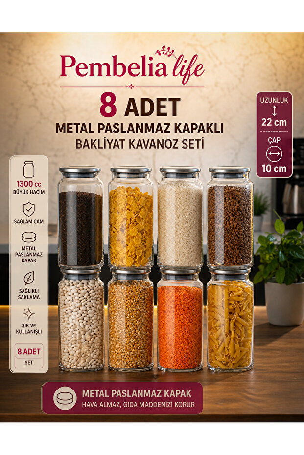 8 Pieces 1300Cc Metal Vacuum Lid Glass Beans, Grains, Spices Storage Jar Set