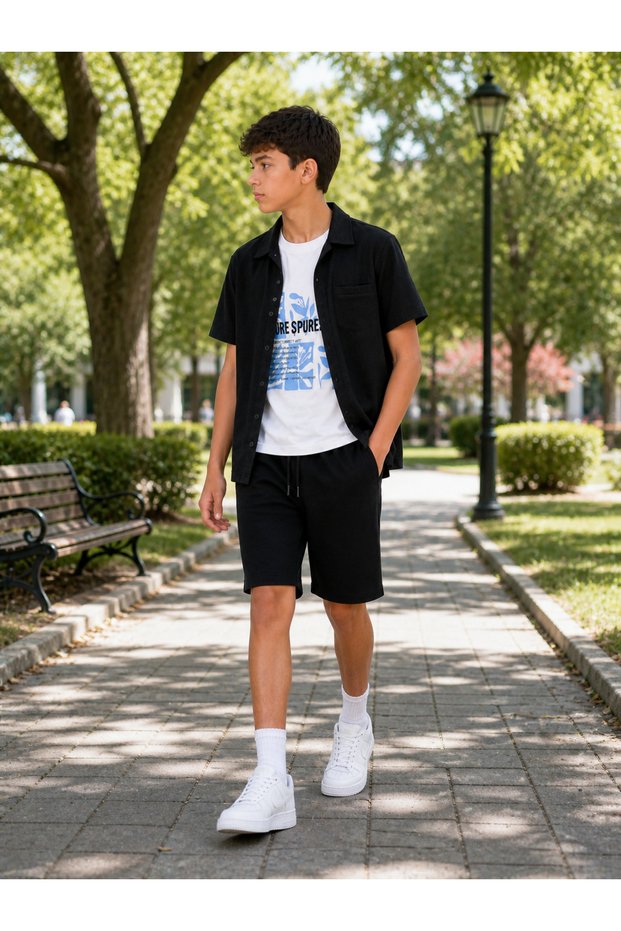 Ri̇o 62305-26 Boy's 3-Piece Set Short Sleeve Shirt T-Shirt Shorts Combination Summer Casual Set