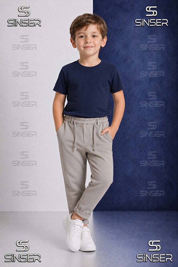 Boys' Plain Trousers with Elastic Waist Lycra Folded Cuffs Style 6.Mdl