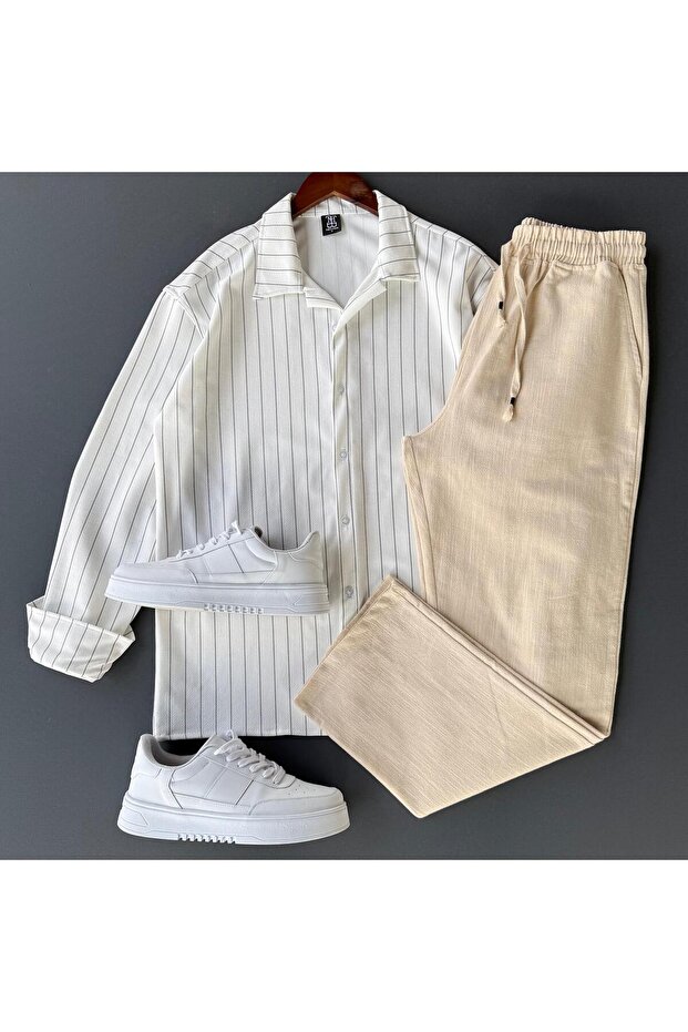 Striped Crepe Shirt + Raw Linen Trousers 2-Piece Combination