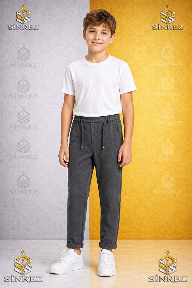Boys' Plain Trousers 2.Mdl Elastic Waist Lycra Folded Leg Style