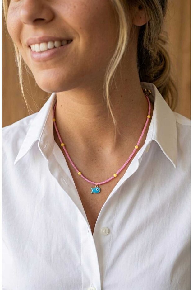 Pink Sand Bead Fish Figured Necklace