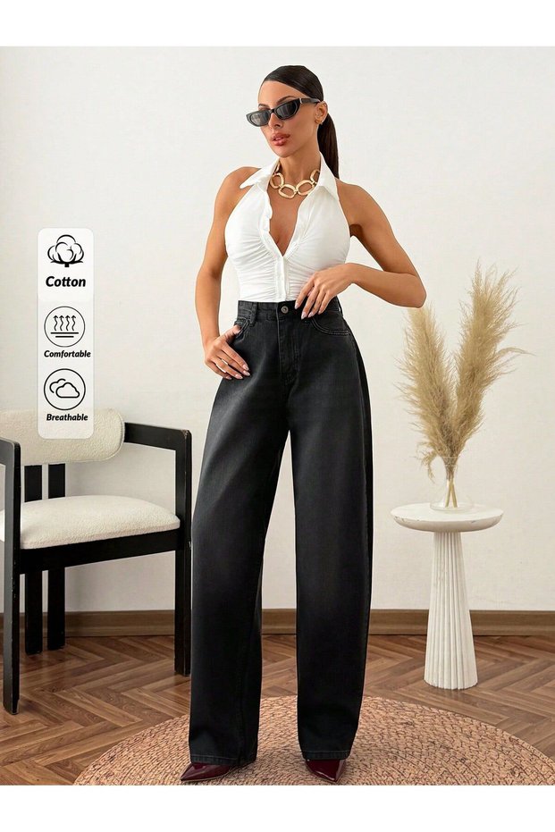 Women's Black High Waist Wide Leg Jean Pants - Loose Leg Denim