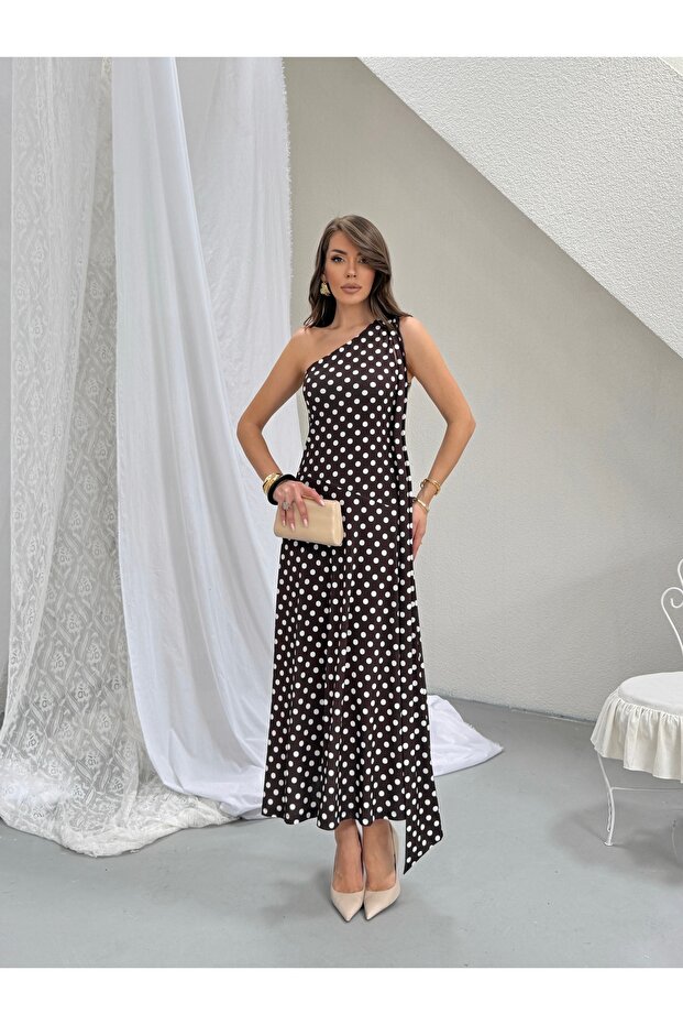 Women's Brown Polka Dot One-Shoulder Dress with Scarf