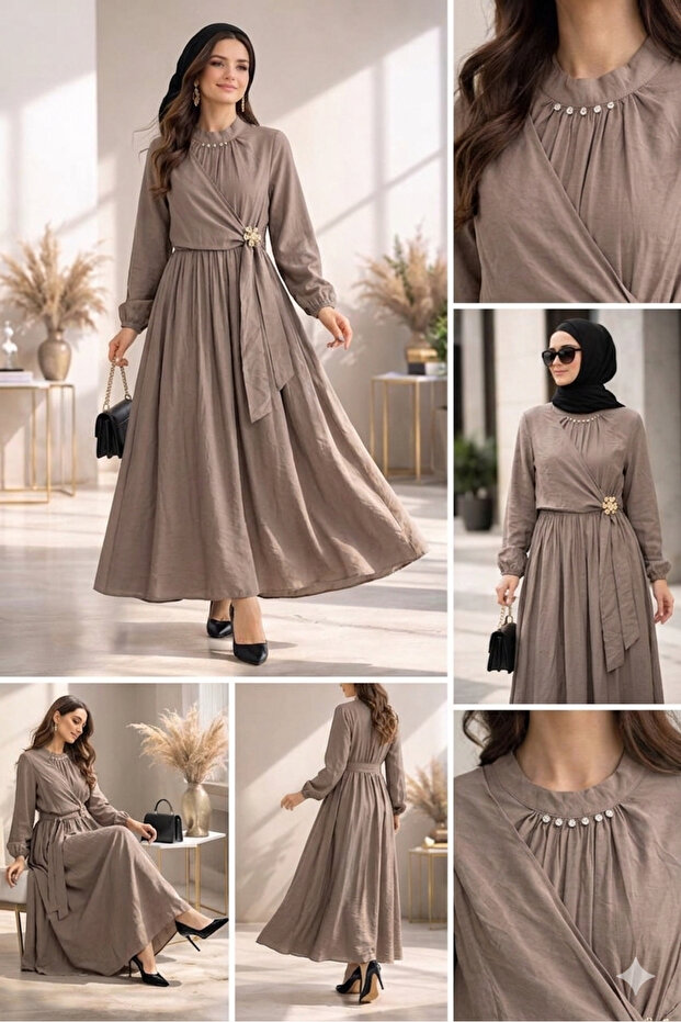 Brooch Fastening Detail, Stone-Embellished Collar, Kupra Hijab Dress