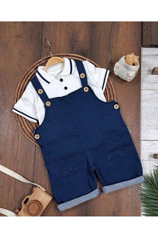 Polo Collar Buttoned Lycra Stretch Fabric Summer Baby Boy Denim Salopet Set