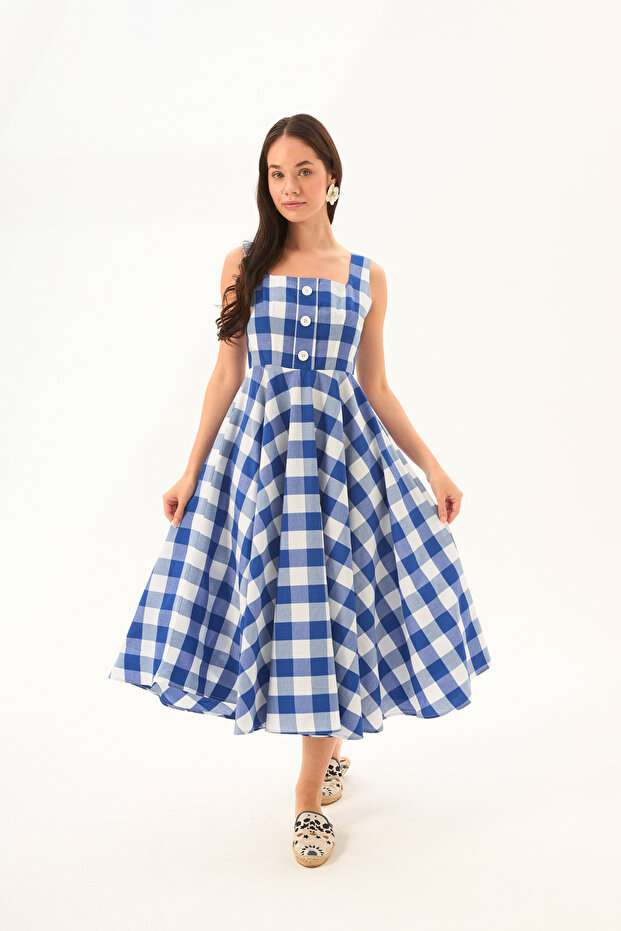 Blue and White Gingham Square Collar Button Detailed A-Line Midi Dress