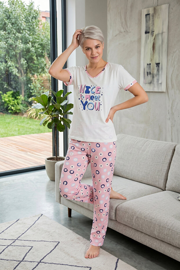 V-Neck Long Comfortable Cotton Pajama Set 41703 Pink