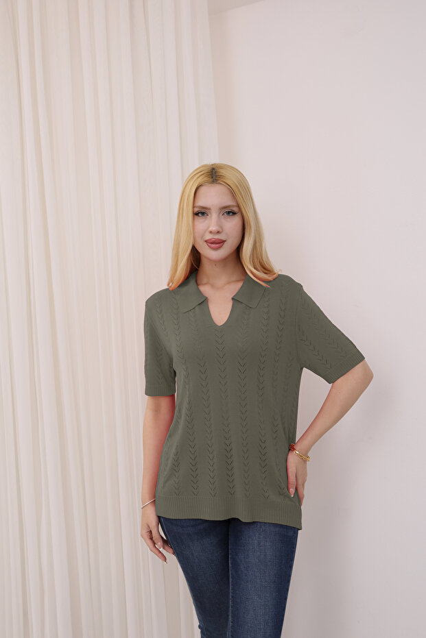 Polo V-Neck Short Sleeve Openwork Leaf Patterned Summer Fresh Airy Viscose Knitwear T-Shirt