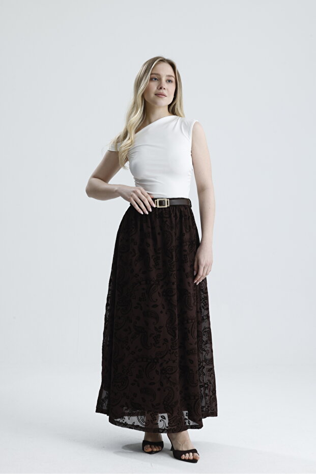 Women's Black Lined Flocked Printed Tulle Skirt