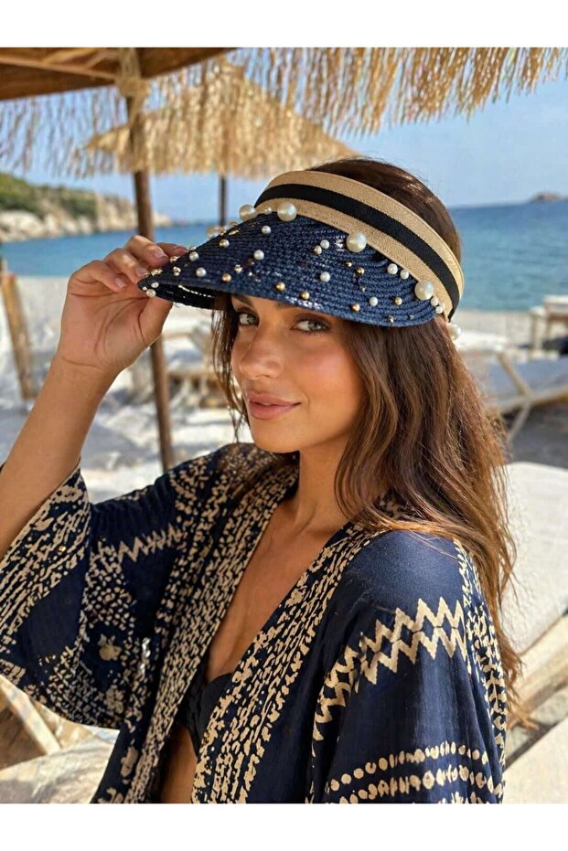 Navy Blue Pearl and Stone Embroidered Tenisci Visor Straw Women's Hat