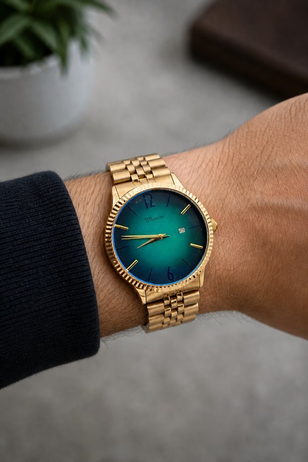 Men's Wristwatch, Gold Color Wristwatch, Steel Band, Colorful Glass, Calendar Wristwatch