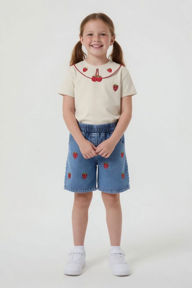 Beige Collar Strawberry Embroidered Badili Jean Shorts Girls' 2-Piece Set 24047