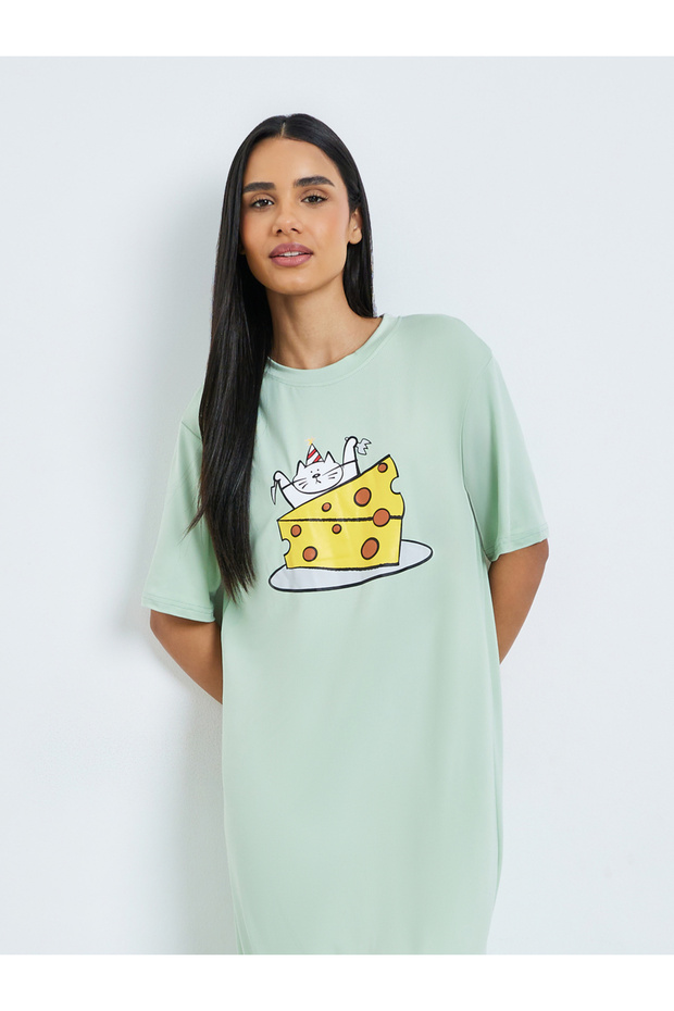 Green Cat Cheese Graphic Sleep T-Shirt Dress