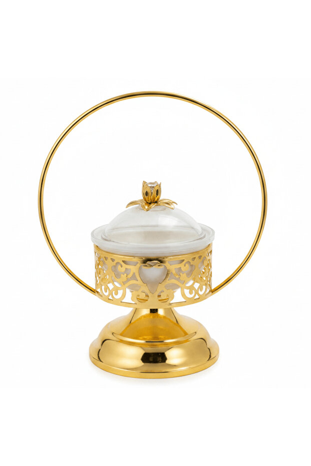 White Ceramic Candy Bowl with Gold Metal Holder & Lid – Elegant Serving Dish for Chocolates, Sweets & Dry Fruits – 12 × 30 cm