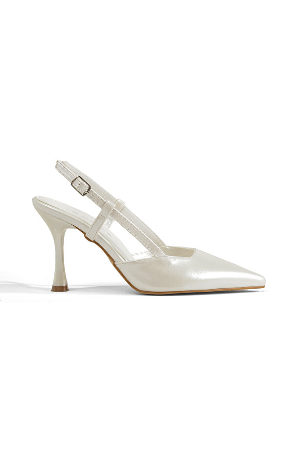 White Women's Shoes with Open Back Straps, Pointed Toe, Thick Heels