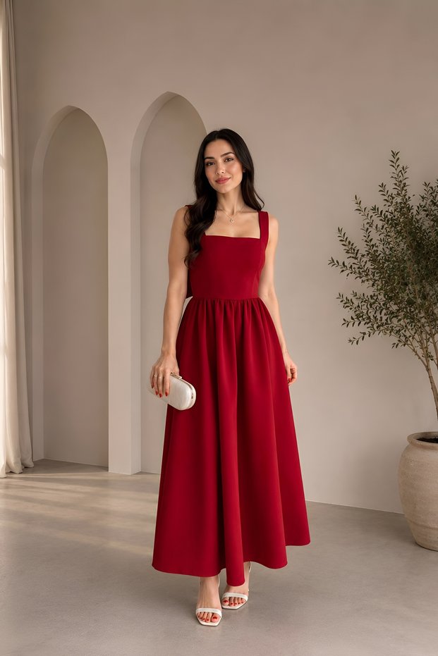 Women's Bow Back Lace-Up Square Neck Flared Evening Dress