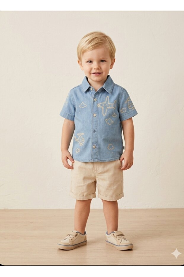 Baby Boy-Little Pilot Printed Denim Linen Set