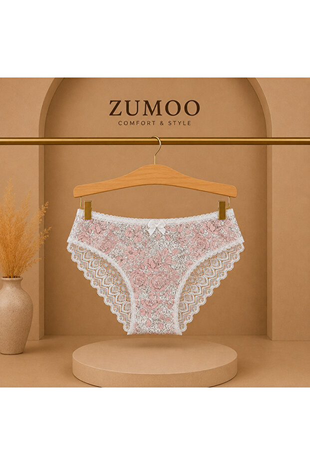 Lace Floral Patterned Women's Panties Pink & White