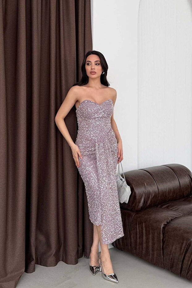 Powder Heart Collar Strapless Sequined Midi Evening Dress
