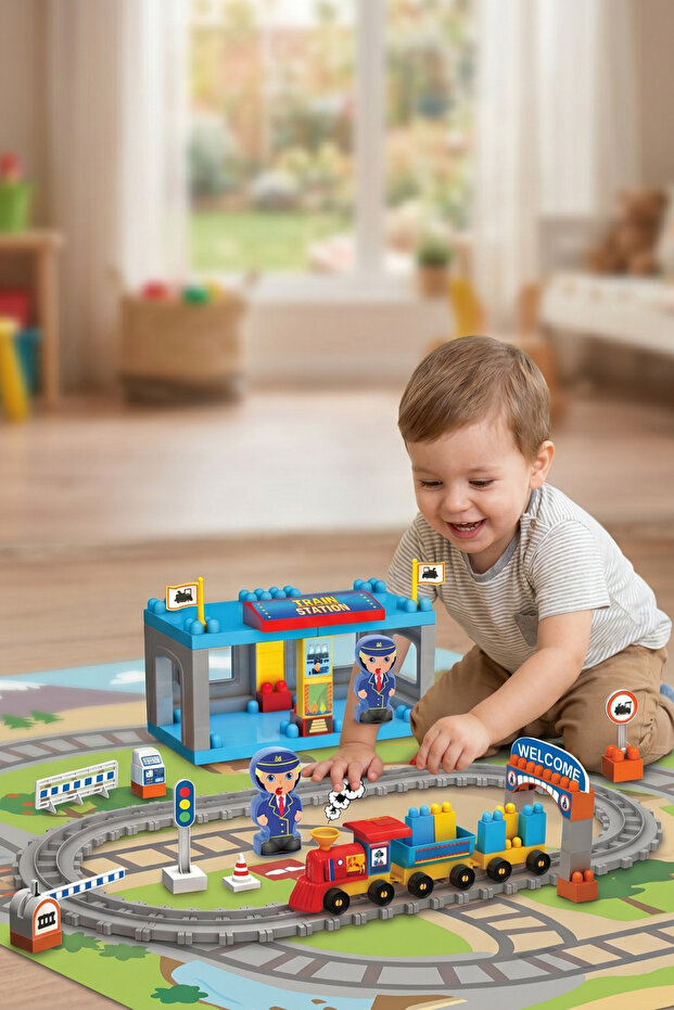 Educational Rail Train Set and Station Playset - 18+ Months Moving Blocks 61 Pieces