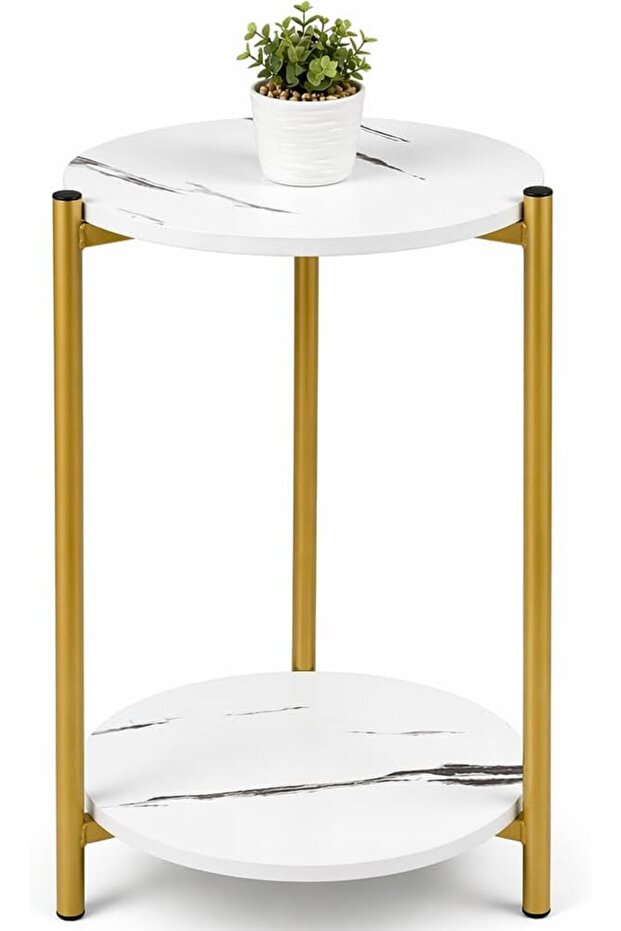 Side Table 2-Tier Round Marble Finish Top 60x30cm - End Coffee table MDF desktop with below Storage Accent Table for Living Room, Balcony, Sofa side Table - White