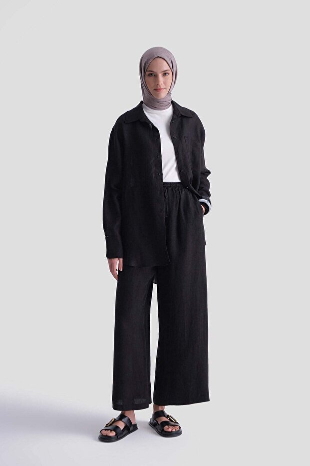 Linen Palazzo Trousers Black