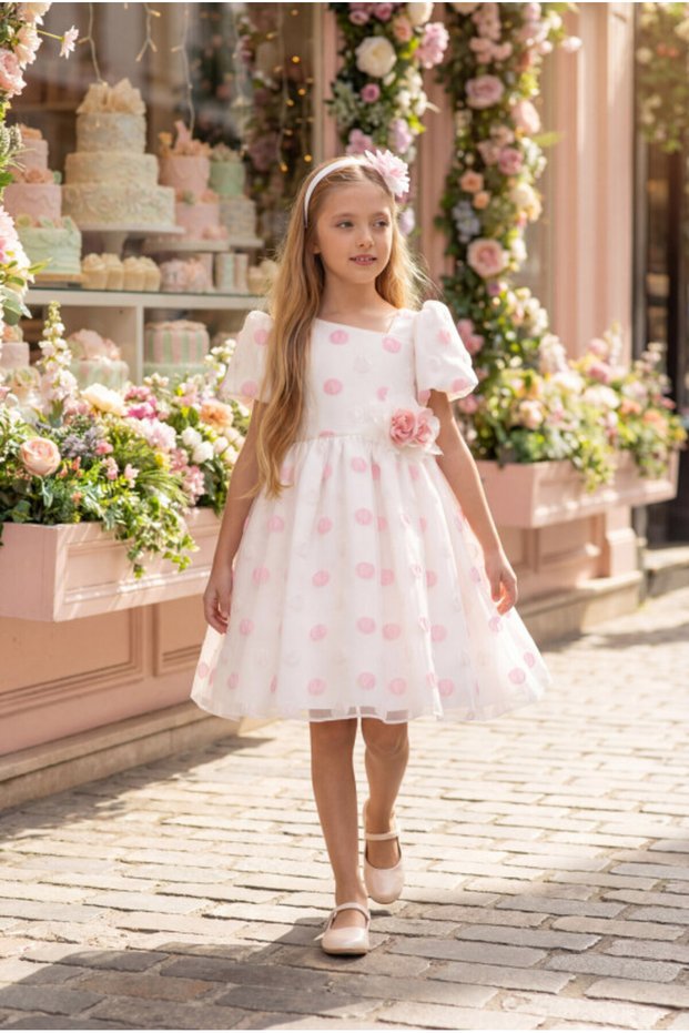 Polka Dot Watermelon Sleeve Flower Detailed Evening Dress Girl's Party and Birthday Dress 3-4-5-6-7 Years Old 35430Pr