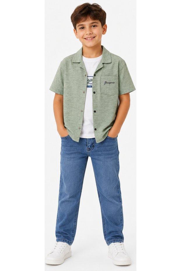 Boy's Urban Written Snap Closure Shirt T-Shirt with Jeans Pants Green Color Stylish Three-Piece Set