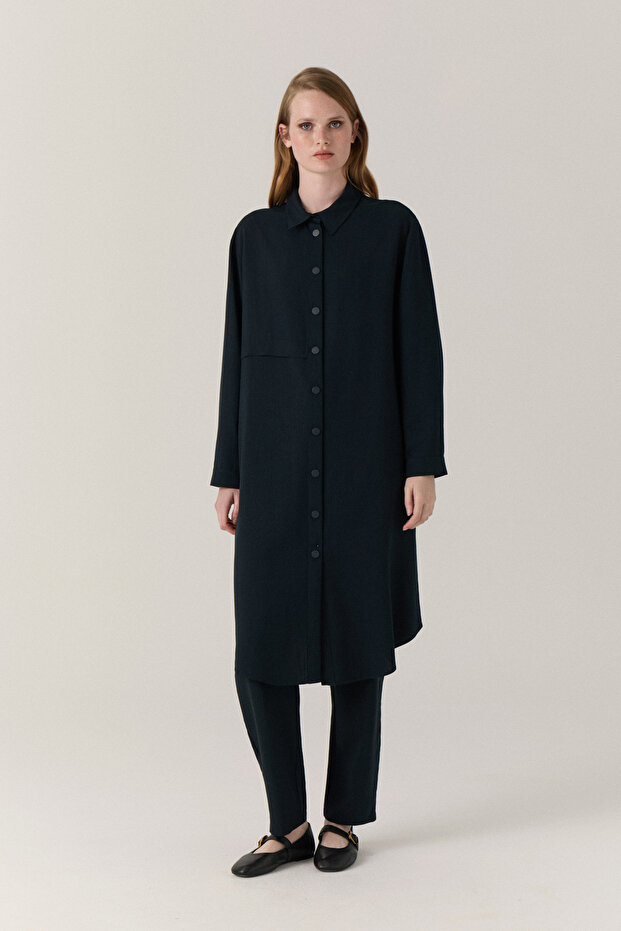Buttoned Flowy Long Form Navy Blue Tunic 1647