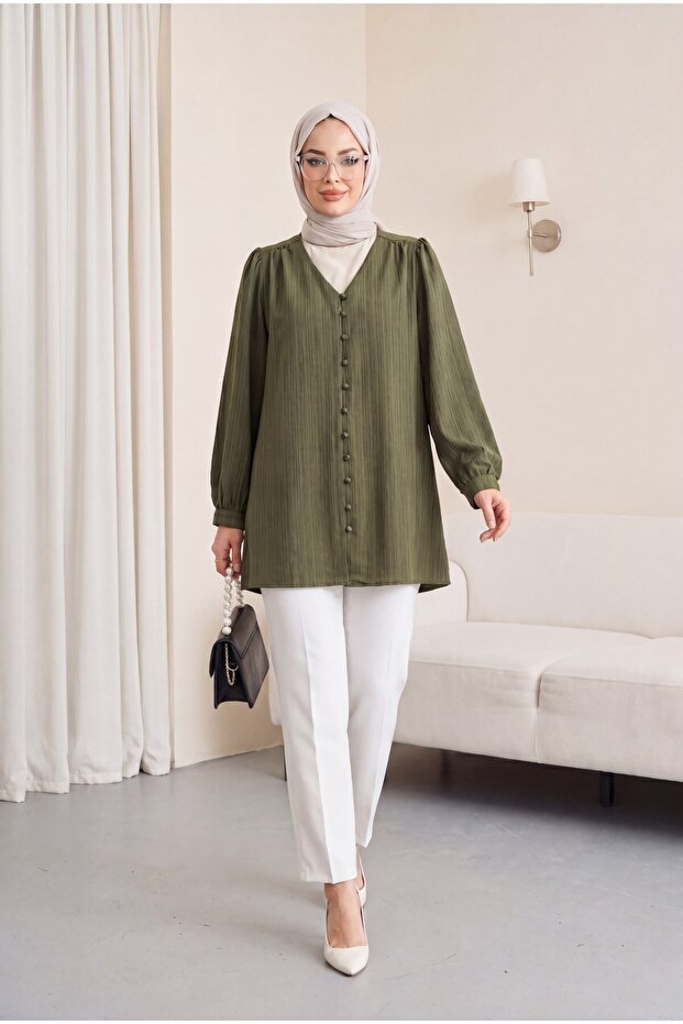 Buttoned V-Neck Jacquard Crinkle Tunic -Khaki