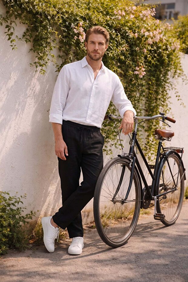 Tie-Waist Linen-Look Pocket Trousers