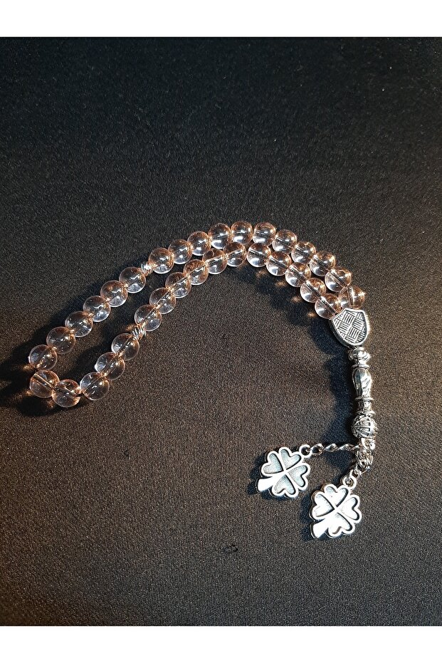 33-Piece Prayer Beads with 4-Leaf Clover Detail, Designed with Translucent Pink Glass Beads