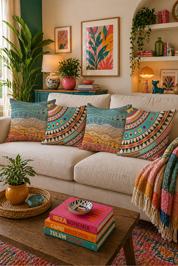 Bohemian Ethnic Patterned Colorful 4-Piece Throw Pillow Cover 43X43 Double-Sided Printed