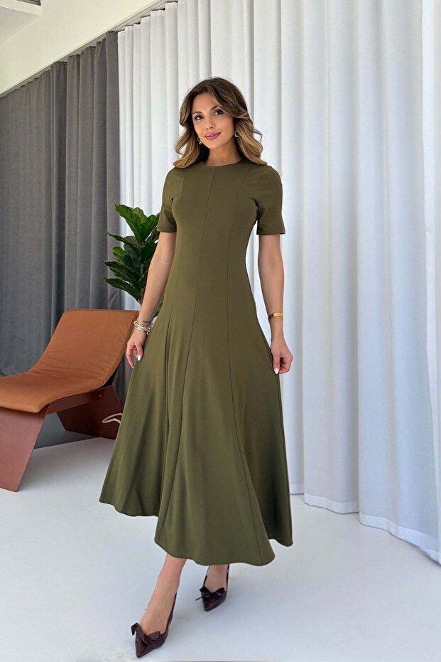 Steel Interlock Fabric Hidden Zipper Dress - Khaki