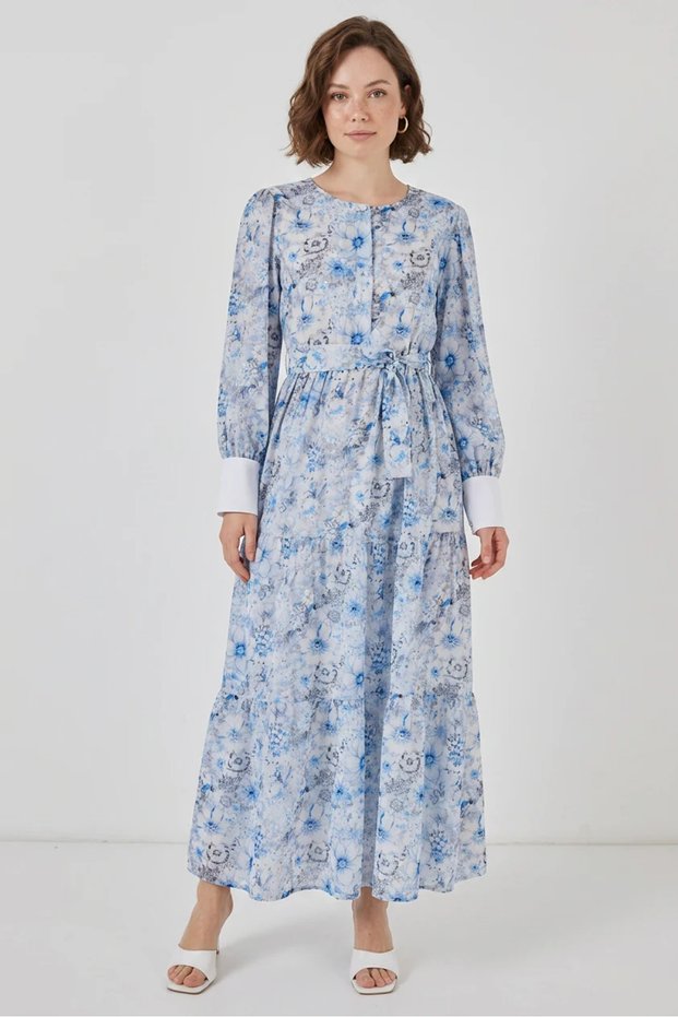 Women's Round Neck Belted Floral Patterned Viscose Blue Hijab Dress