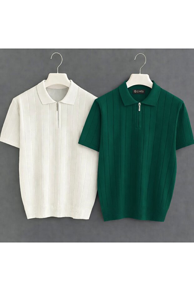 2-Piece Set Men's Polo Collar Zippered Knit Sweater Quality Cotton Stretchy Comfortable Regular Fit T-shirt