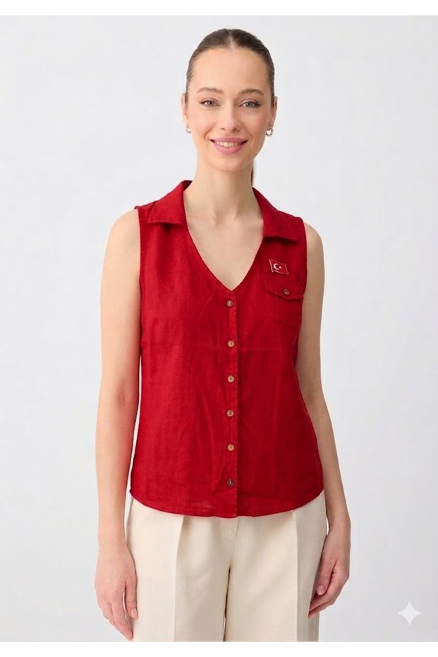 Women's Red Shirt with Collar and Pocket Detail, Sleeveless Loose Shirt, Linen Blouse
