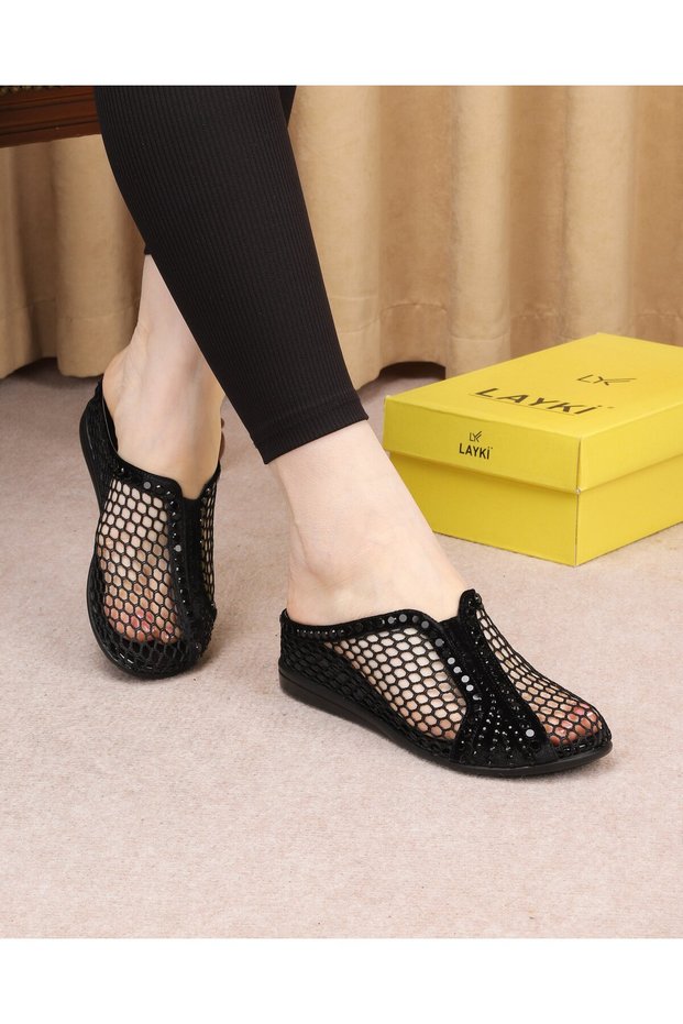 Serra Black Colored Special Stone Embroidered Orthopedic High-Sole Summer Luxury Slippers