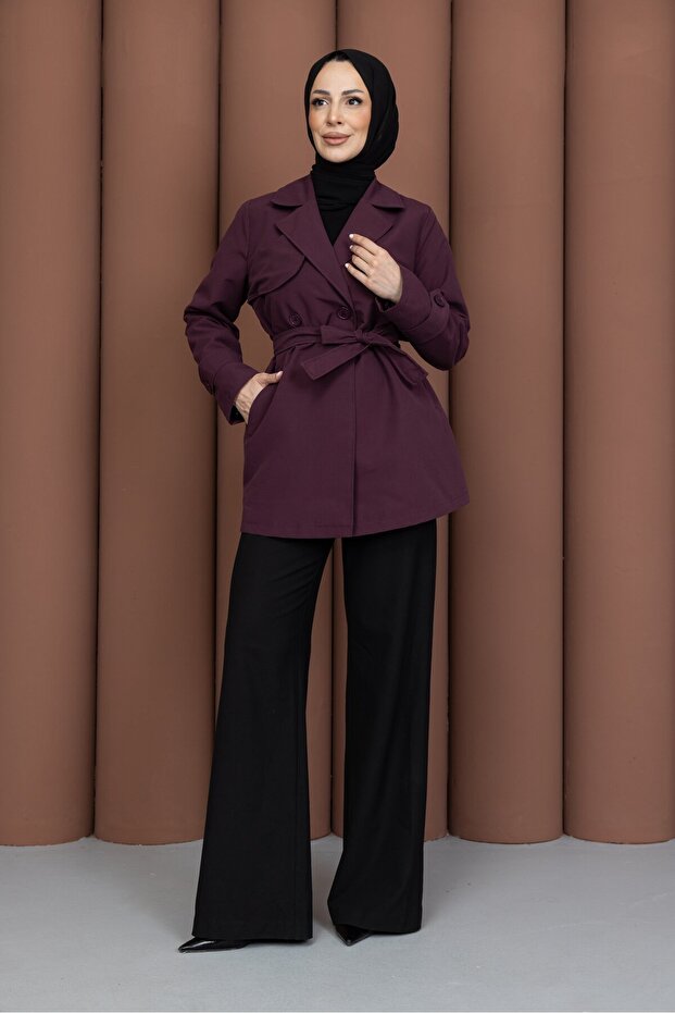 Short Windbreaker Belted Trench Coat Plum