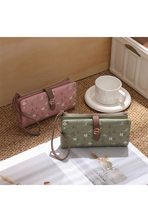 Green Color Soft Textured Giraffe Printed Wrist Strap Portfolio Wallet Handbag