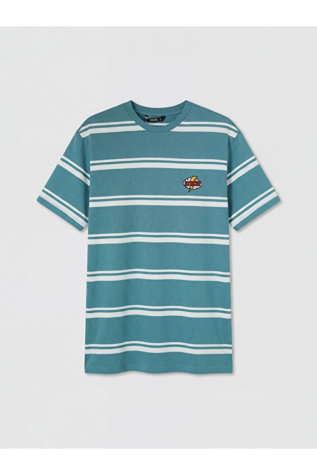 Esvab • Modern & Distinctive Zero Roba Collar Striped Embroidered Men's T-Shirt