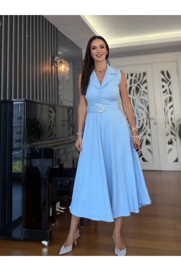 Blue Collared Sleeveless Belted Dress