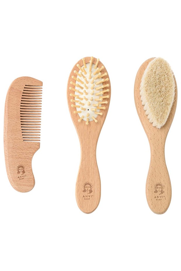 - 100% Natural Baby Wooden Hair Brush Set Of 3