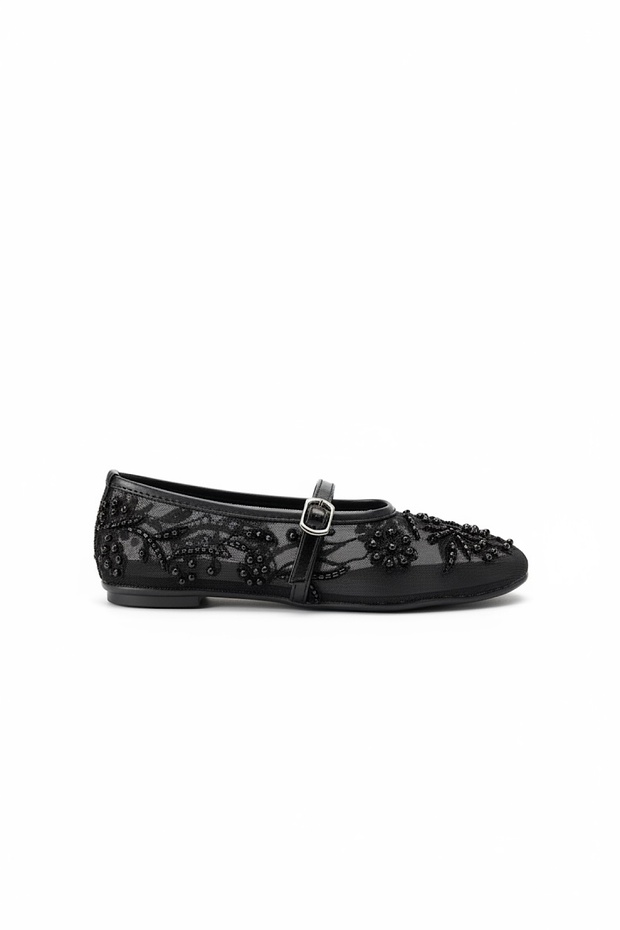 Laki Black Bead Embroidery Detailed Women's Ballerinas